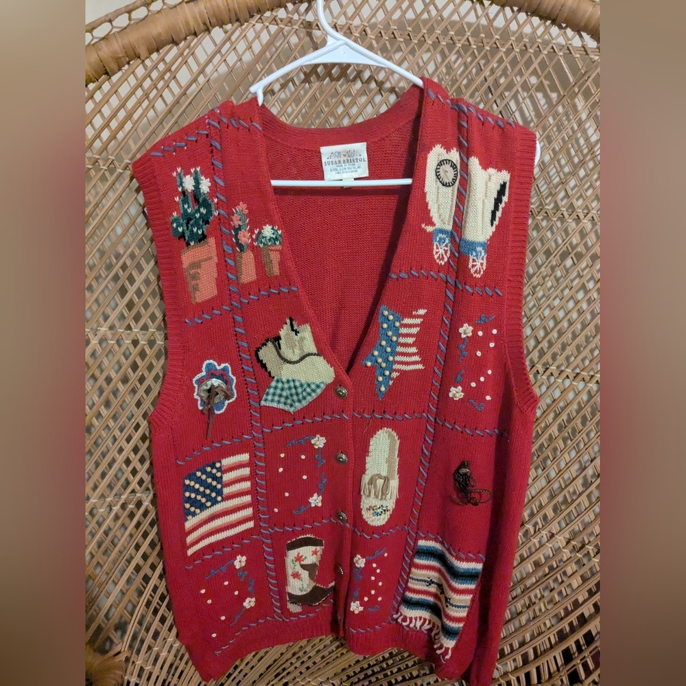 Susan Bristol Red Knit Vest with Embroidery